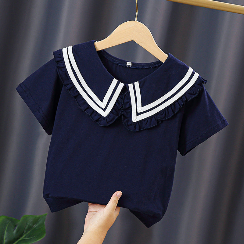 Children's Medium Large Cotton Doll Collar Princess Top Bottoming Shirt Children's T-shirt