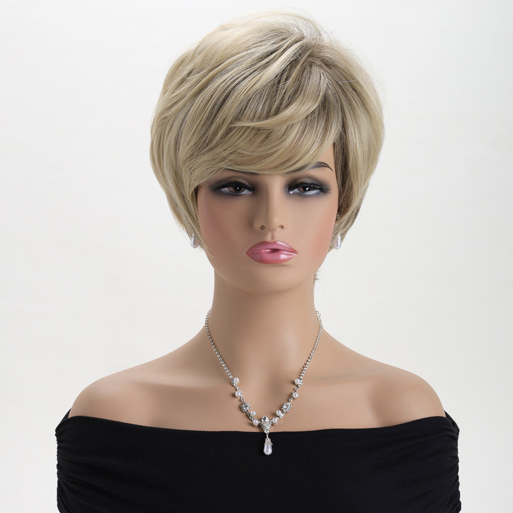 Women's Fashion Fluffy Side Bangs Black Brown Pick Color Wig Short Curly Hair