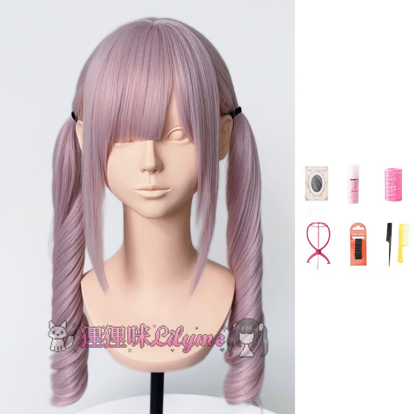 White Peach Curly Female Light Pink Straight Bangs Roman Wig Long Curls