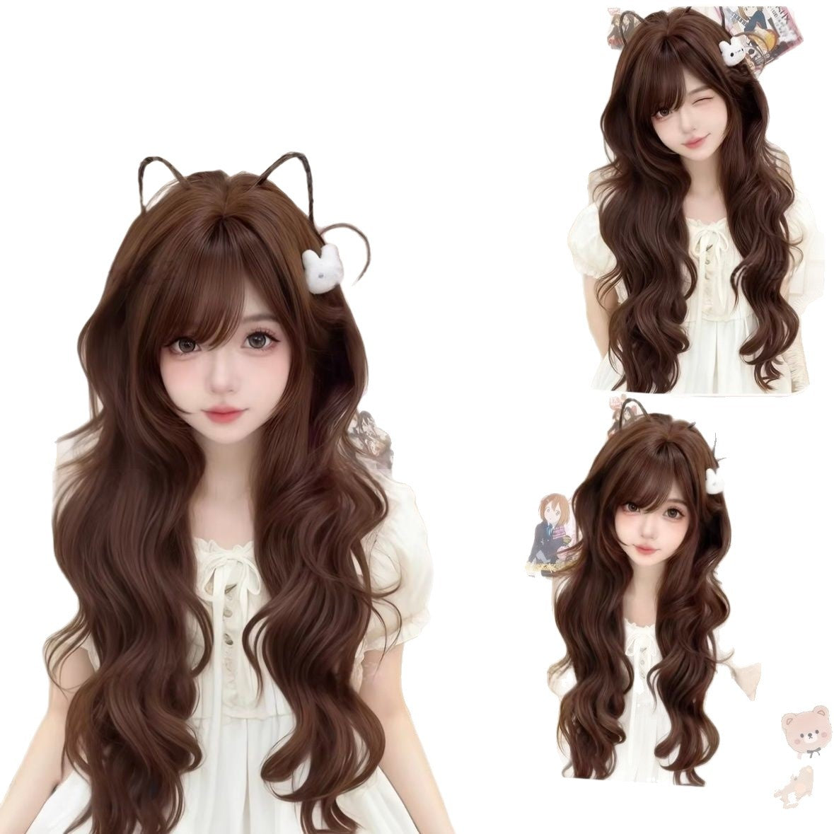 Chocolate Brown High-level Jellyfish Straight Bangs Curly Wig Long Curls