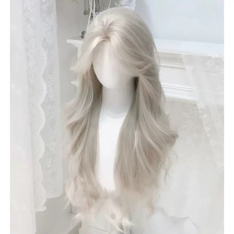Smoky Gray Female Bangs Curly Hair Japonica Rice Natural Wig Long Curls