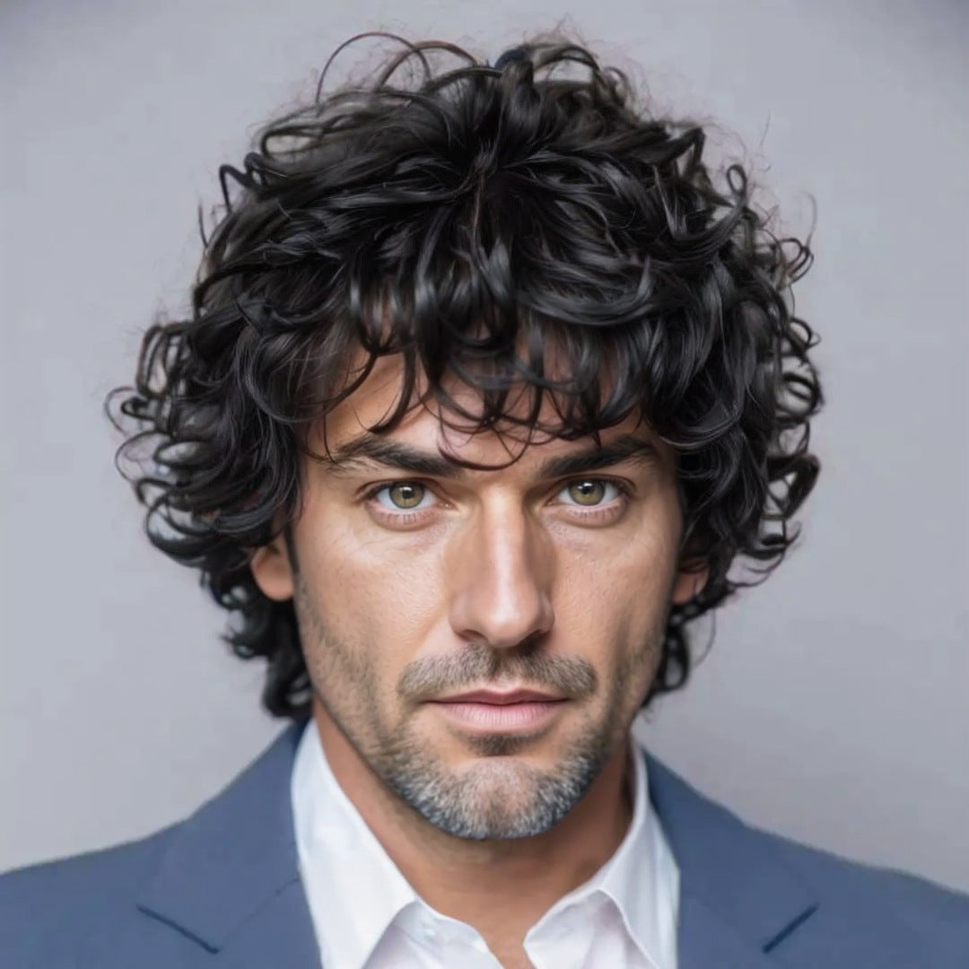 Men's Fluffy Dark Brown Bangs Short Hair Curly Piece Men's Wig