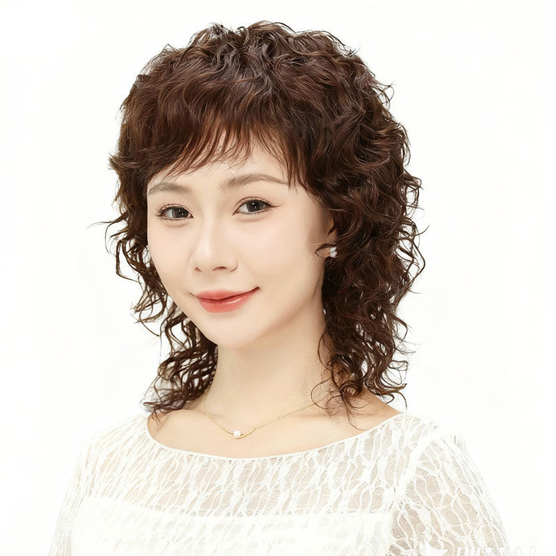 Female Human Mid-length Curly Mother Style Natural Real Hair Wig