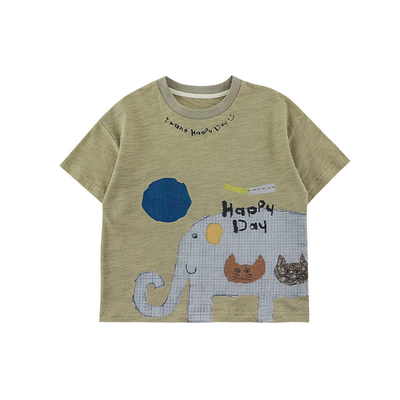 Children's Boy's Animal Print Short-sleeved Loose Casual Striped Children's T-shirt