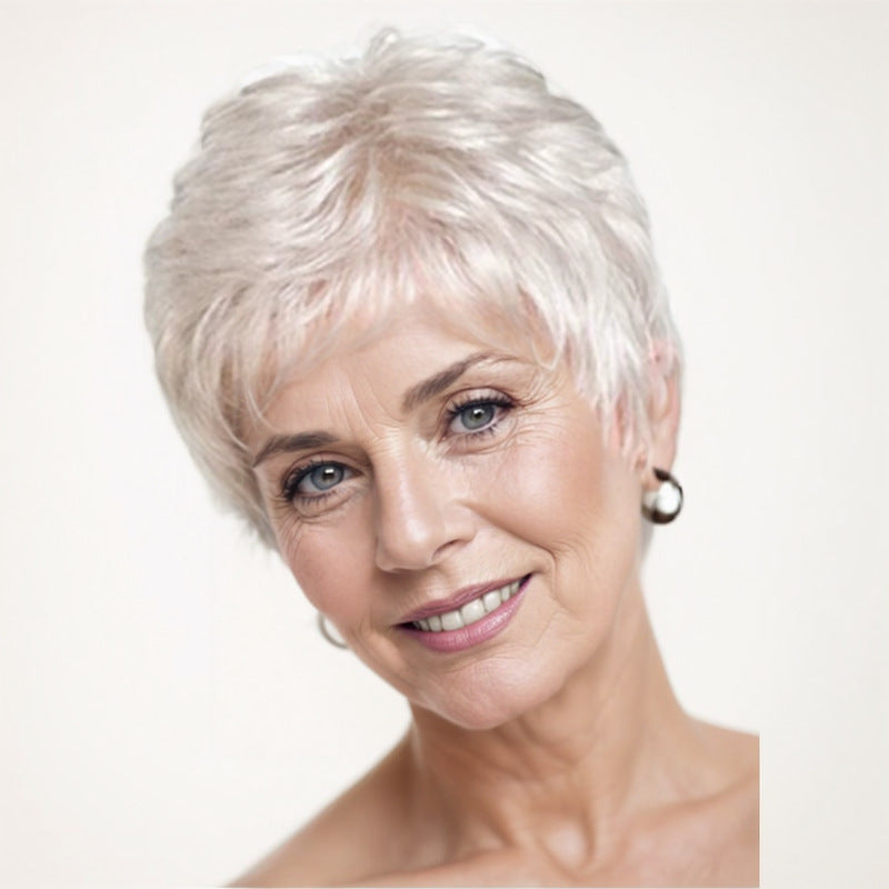 Women's Sier White Side Bangs Partial Points Wig Short Curly Hair