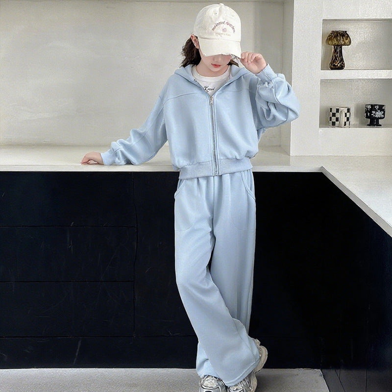Large Hooded Zip Cardigan Sweater Straight Wide Leg Pants Children's Suit
