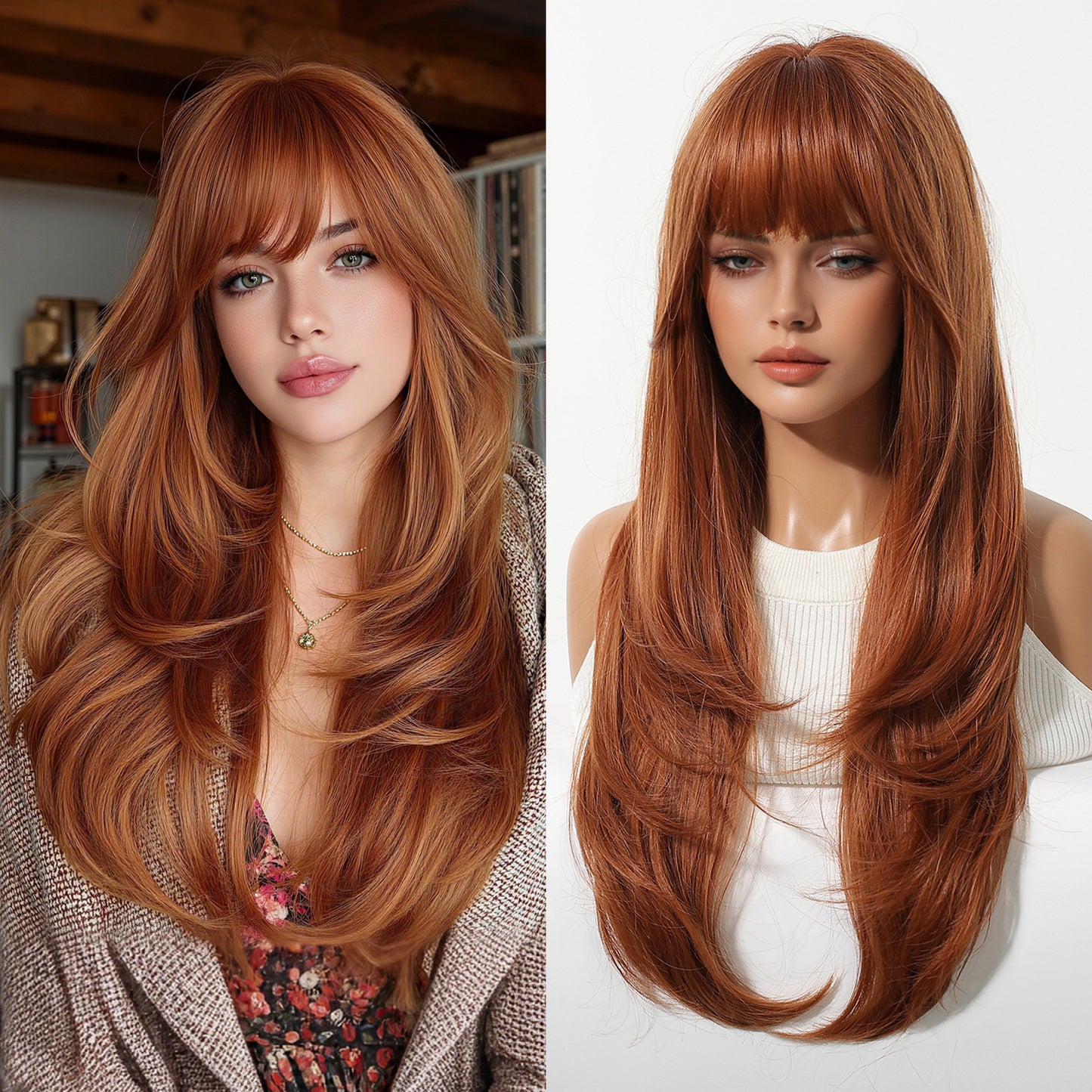 Female Hair Gradient Brown Layer Natural Long Straight Wig