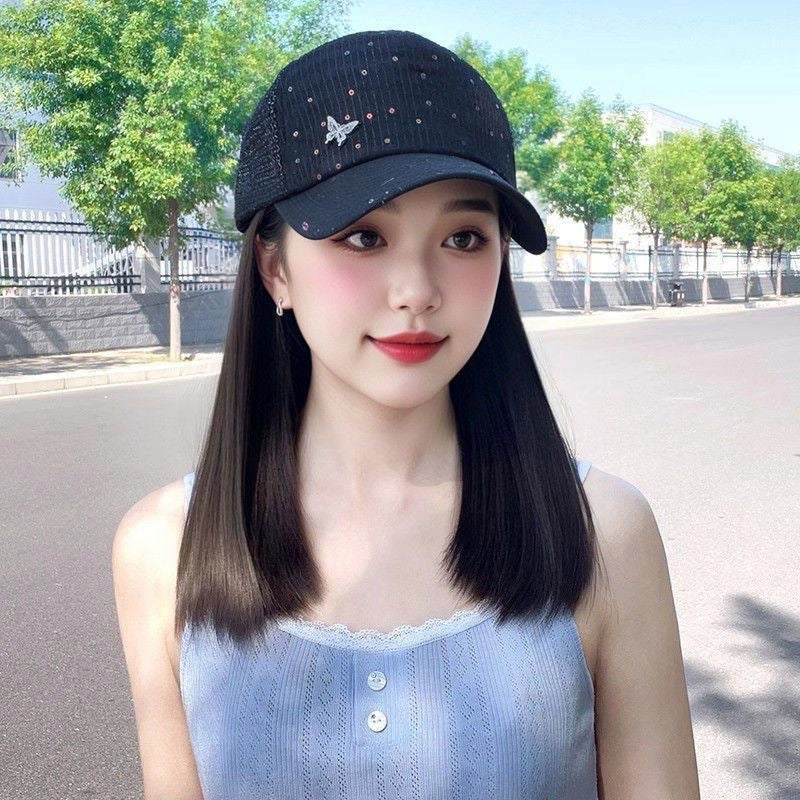 Hollow Inner Buckle Baseball Cap Collarbone Net Long Straight Wig