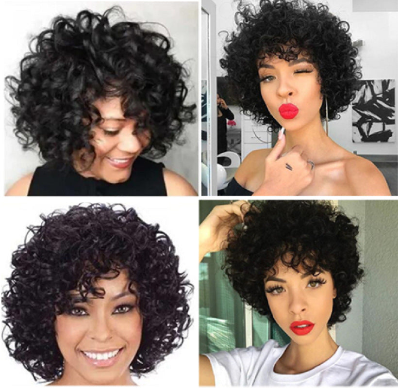 Women's Black Small Volume Face Trimming Chemical Fiber Wig Short Curly Hair