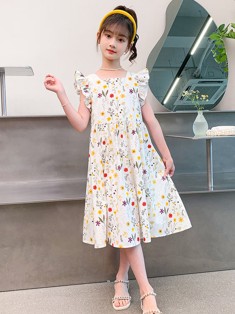Floral Flounced Sleeve Korean Style Sweet Fresh Princess Pastoral Children's Dress