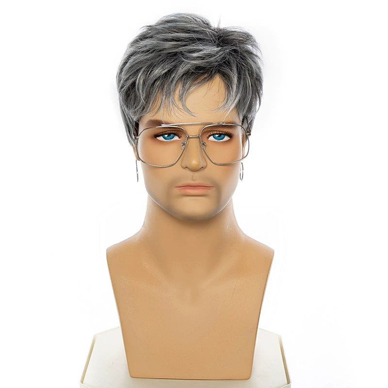 Handsome Man Head Cover Gradient Gray Wig Short Straight Hair