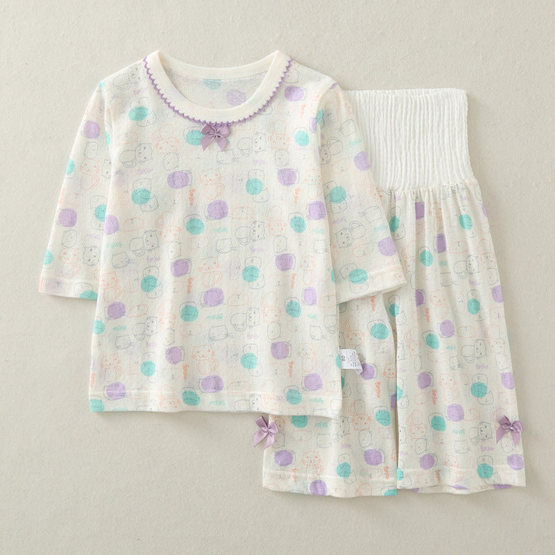 Children's Summer Three-quarter Sleeve High Waist Belly Protection Floral Thin Breathable Children's Suit