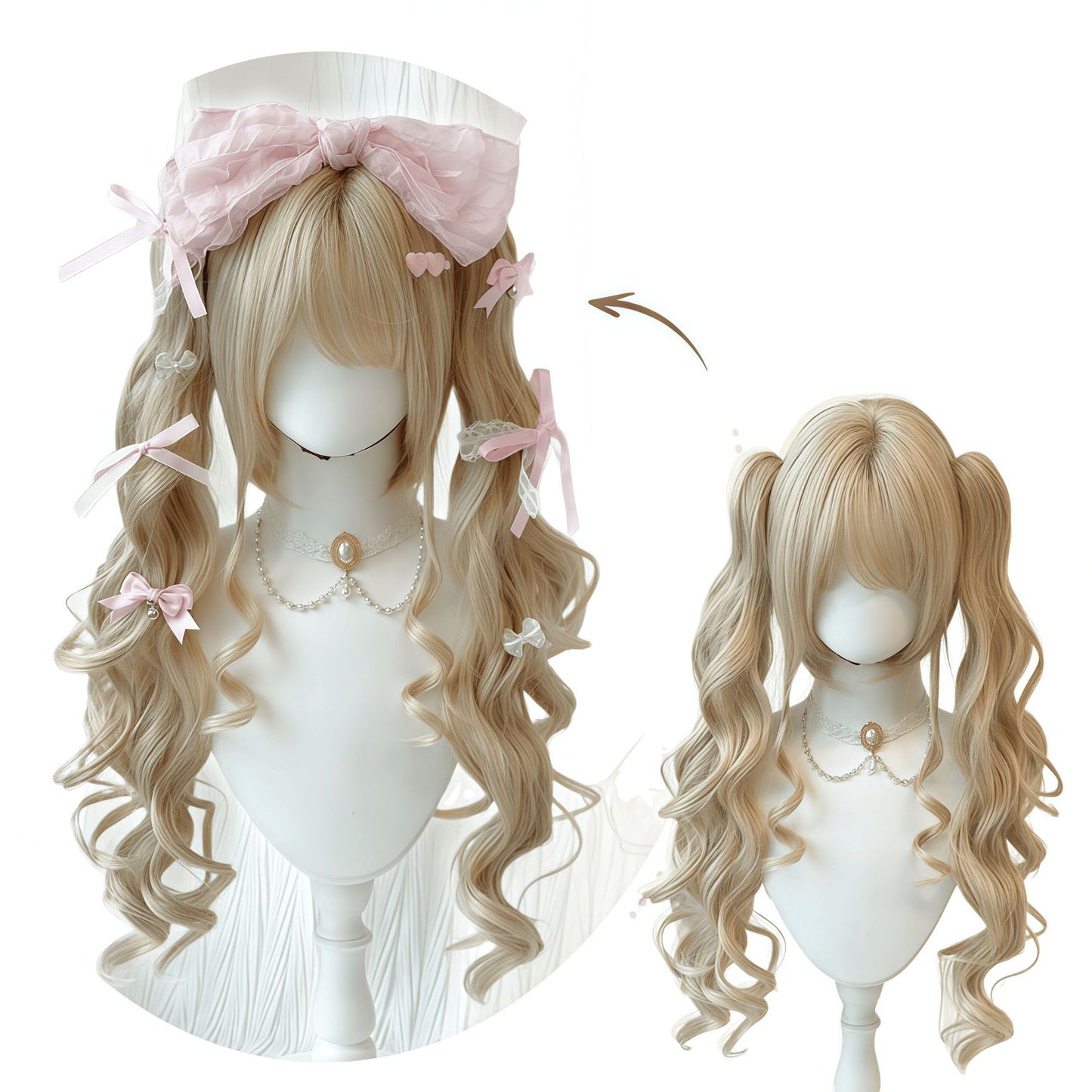 Tie Up Double Ponytail Roman Curly Princess Hair Lolita Long Straight Wig