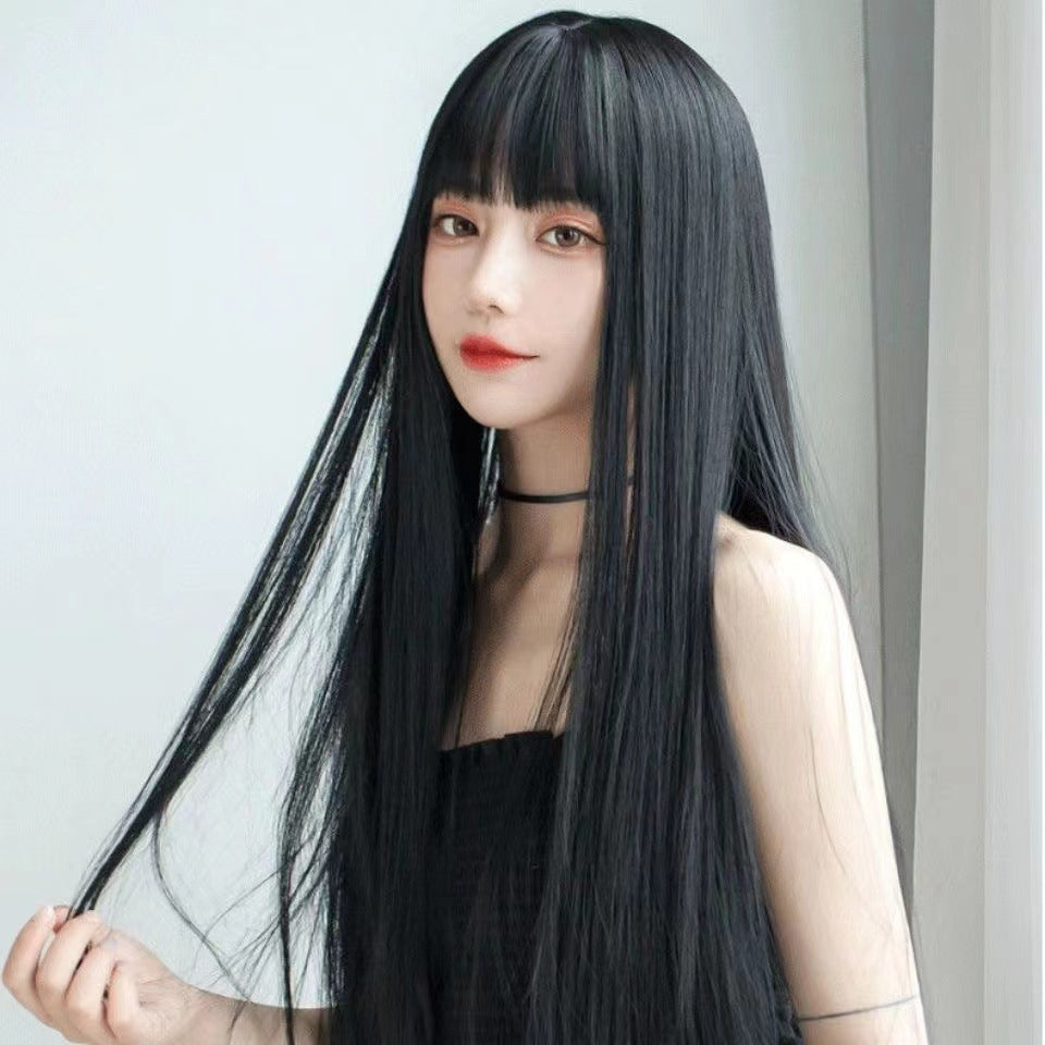 Female Daily Hair Golden Head Cover Air Bangs Mannequin Dummy Long Straight Wig