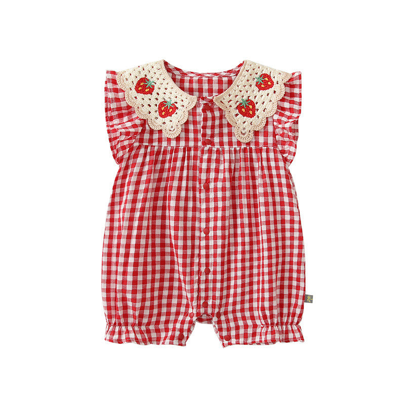 Summer Thin Short Sleeve Rompers Front Open Strawberry Plaid Jumpsuit Jumpsuit, Climbing Suit