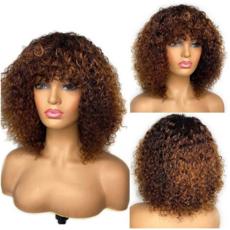 Brazilian Fringe Bangs Curly Bob Density Real Hair Wig