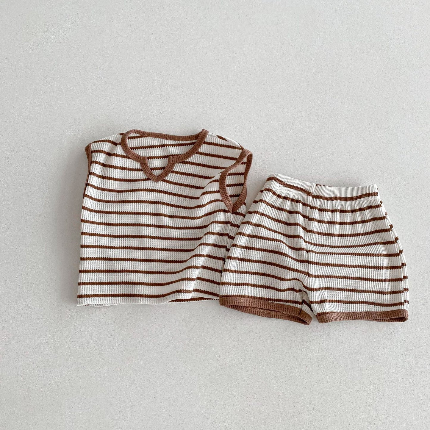 Korean Striped Contrast Color Retro Sleeveless T-shirt Shorts Home Children's Suit
