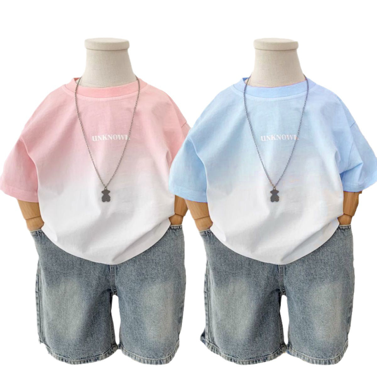 Boys Summer Thin Western Style Pink Gradient Short Children's T-shirt