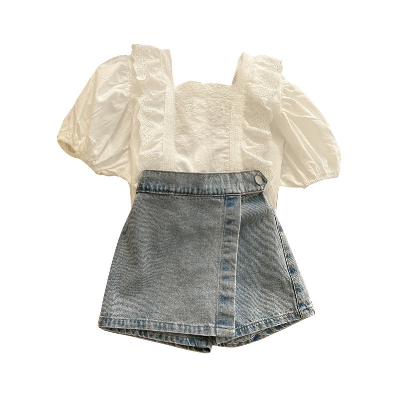 Summer Korean Fashion Two-piece Lace Top Children's Suit
