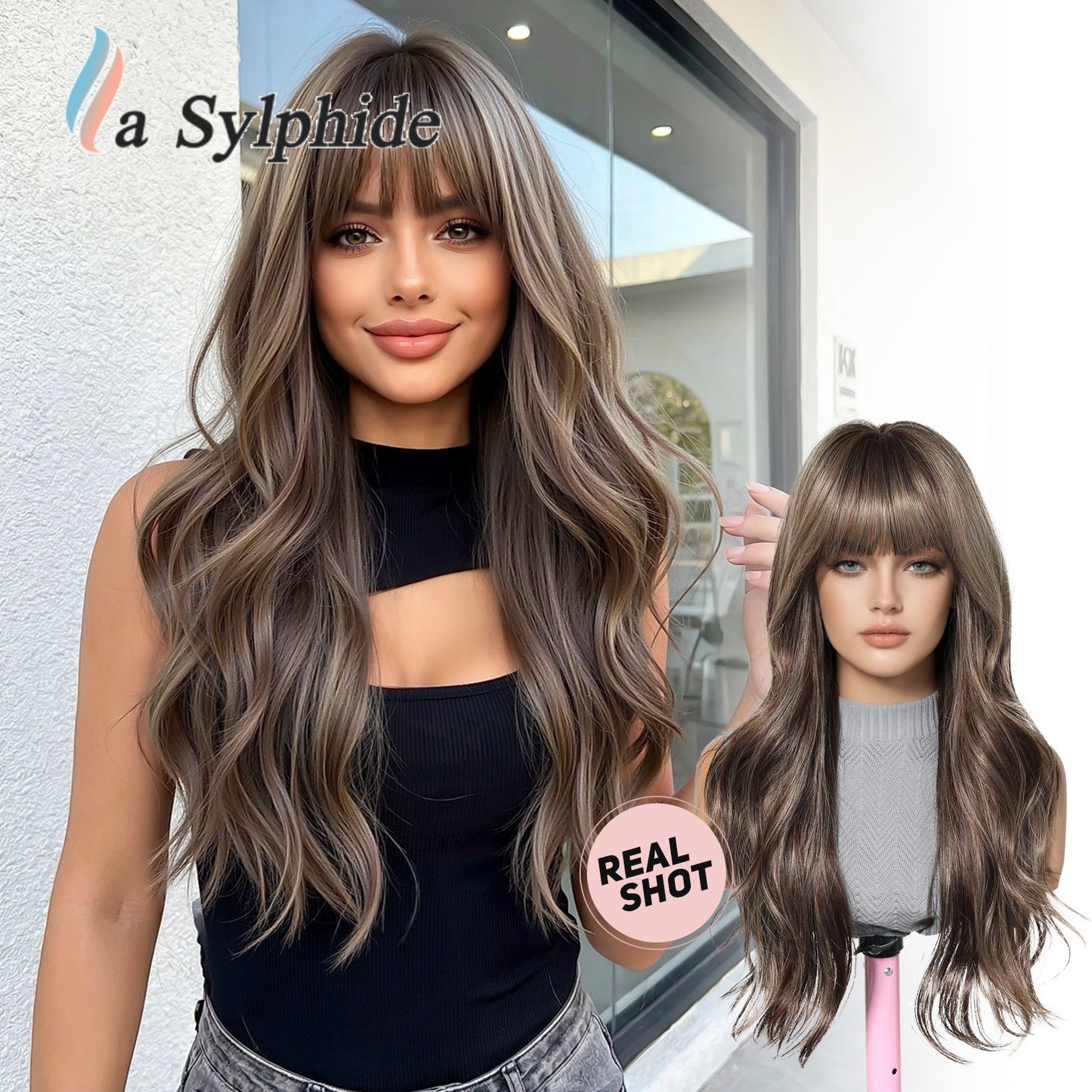 Bangs Super Water Ripple Milk Tea Brown Wig Long Curls