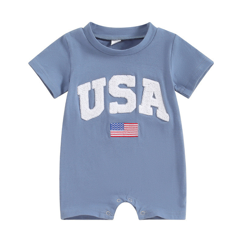 Children's Independence Day Romper Infant Toddler Alphabet Embroidery Short Sleeve Jumpsuit, Climbing Suit
