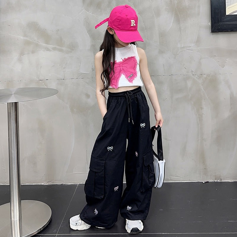Retro Fun Bow Embroidered Casual Trousers Wide Leg High Children's Pants