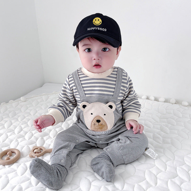Striped Embroidered Bear Fleece-lined Jumpsuit Class Born Rompers Jumpsuit, Climbing Suit