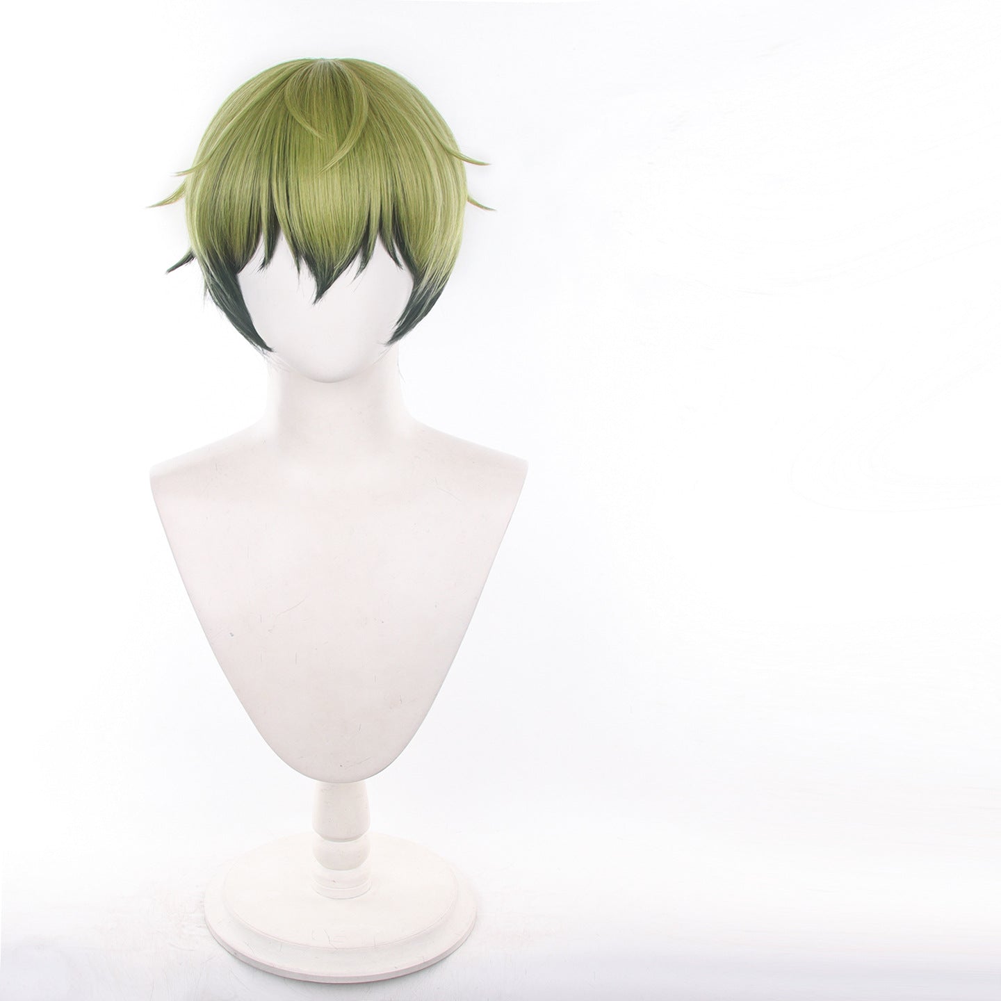 Temple Straight Round Head Leather Yellow Green Two-tone Gradient Short Cos Wig