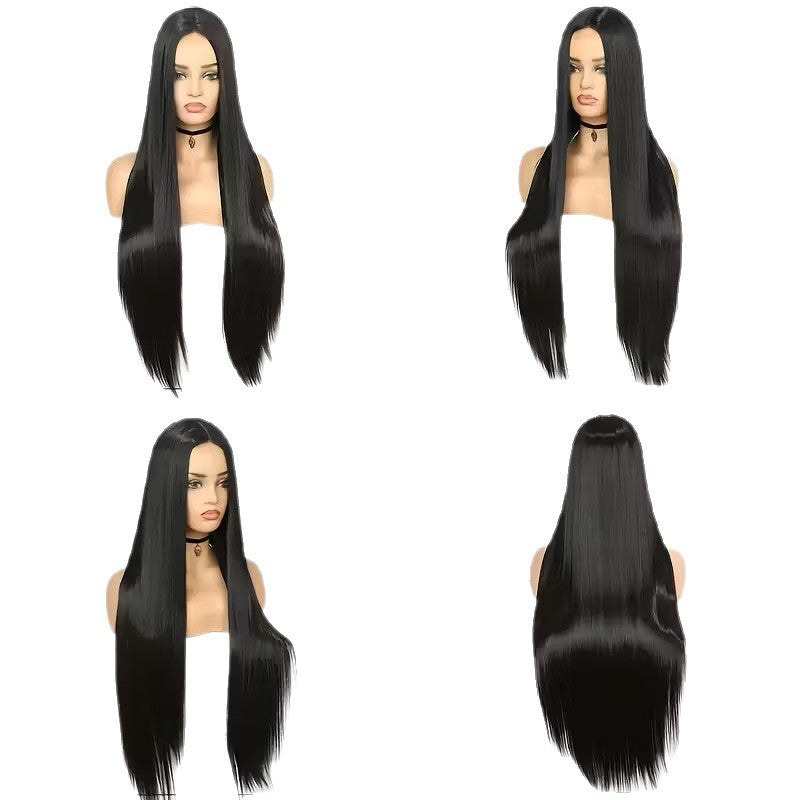 Women's Black Chemical Fiber Button Net African Medium Long Straight Wig