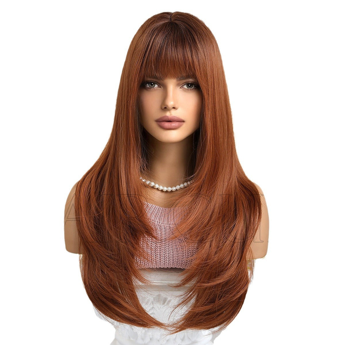 Hair Head Cover With Bangs Mid-length Orange Natural Long Straight Wig