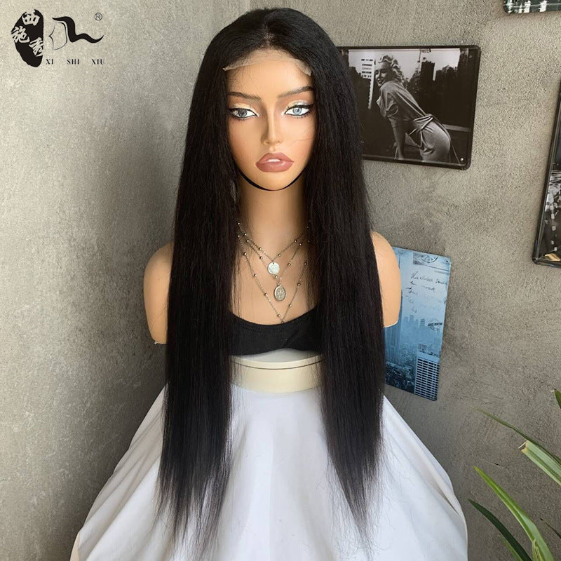 African Straight Hair Mixed Lace Sheath Wig Long Curls
