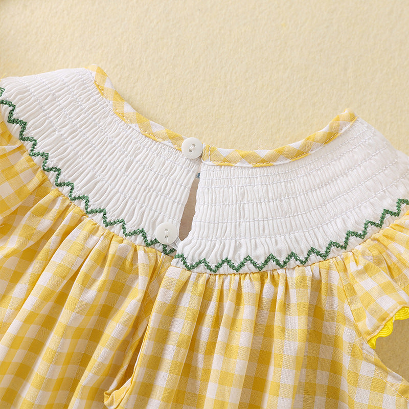 Flounced Sleeve Tartan Skirt Smocking Chick Embroidered Children's Dress