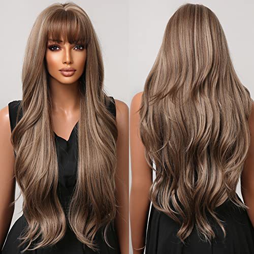 Female Gradient Brown High Skull Top Straight Bangs Hair Simulation Wig Long Curls