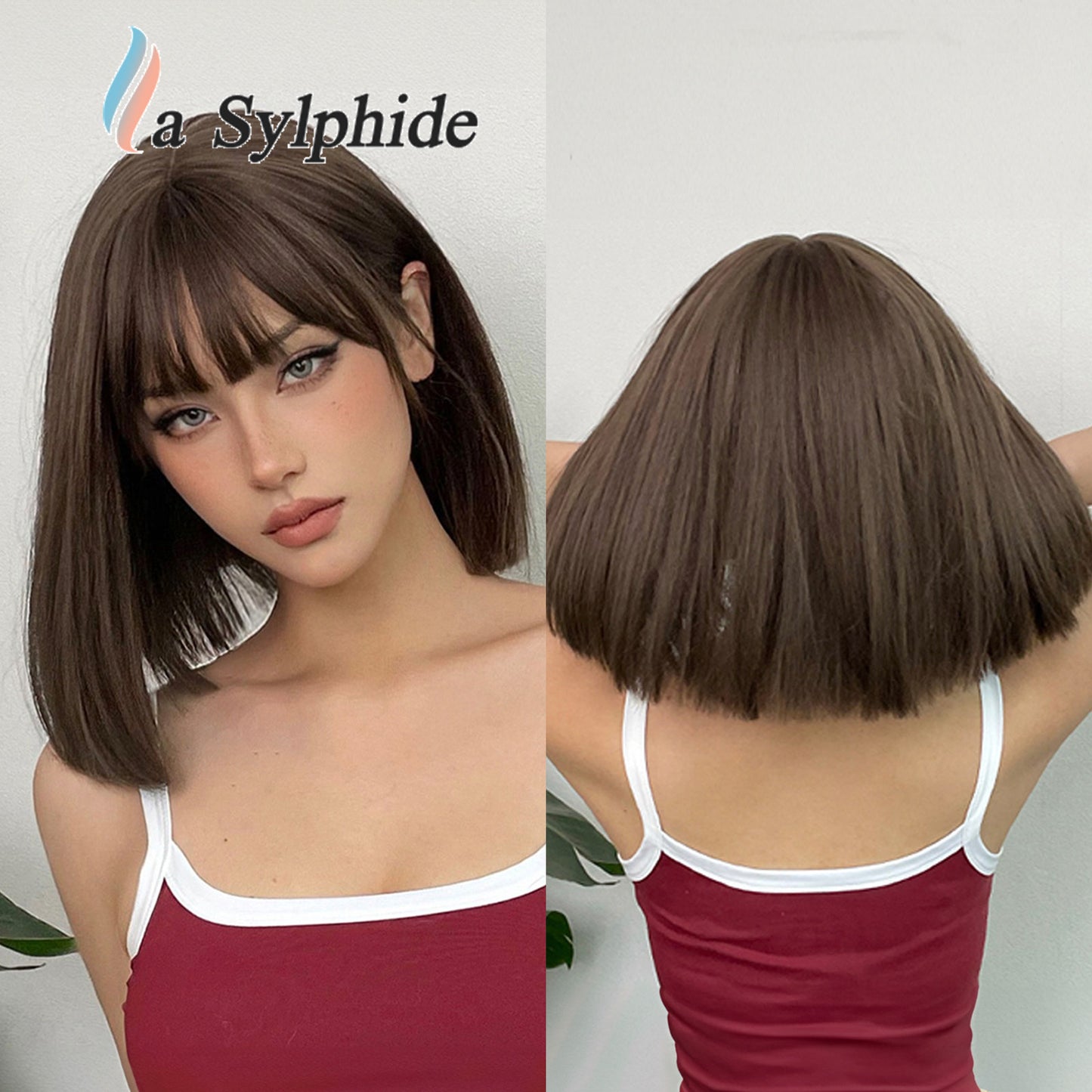 Women's Head Cut Pink Bangs Universal Halloween Wig Short Straight Hair