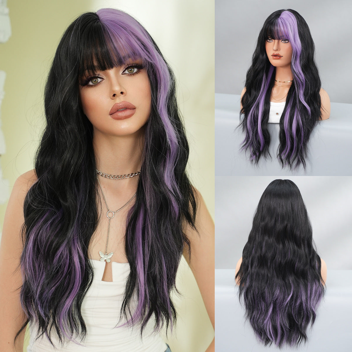 Women's Hair Sier Gray Highlight Full Head Big Wave Wig Long Curls