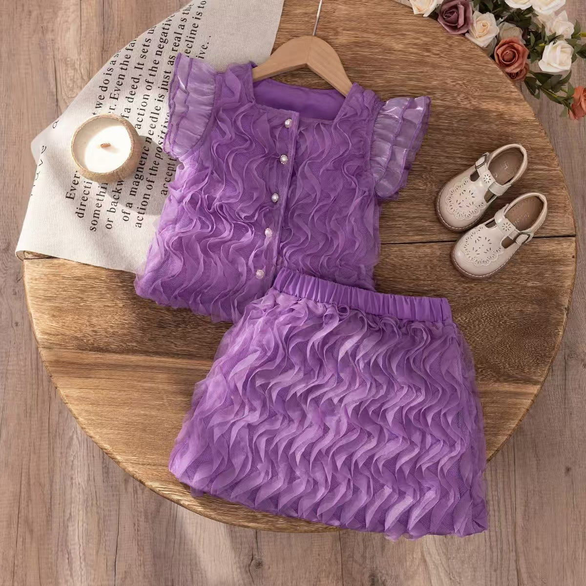 Stitching Wave Top Mid-length Dress Set Children's Suit
