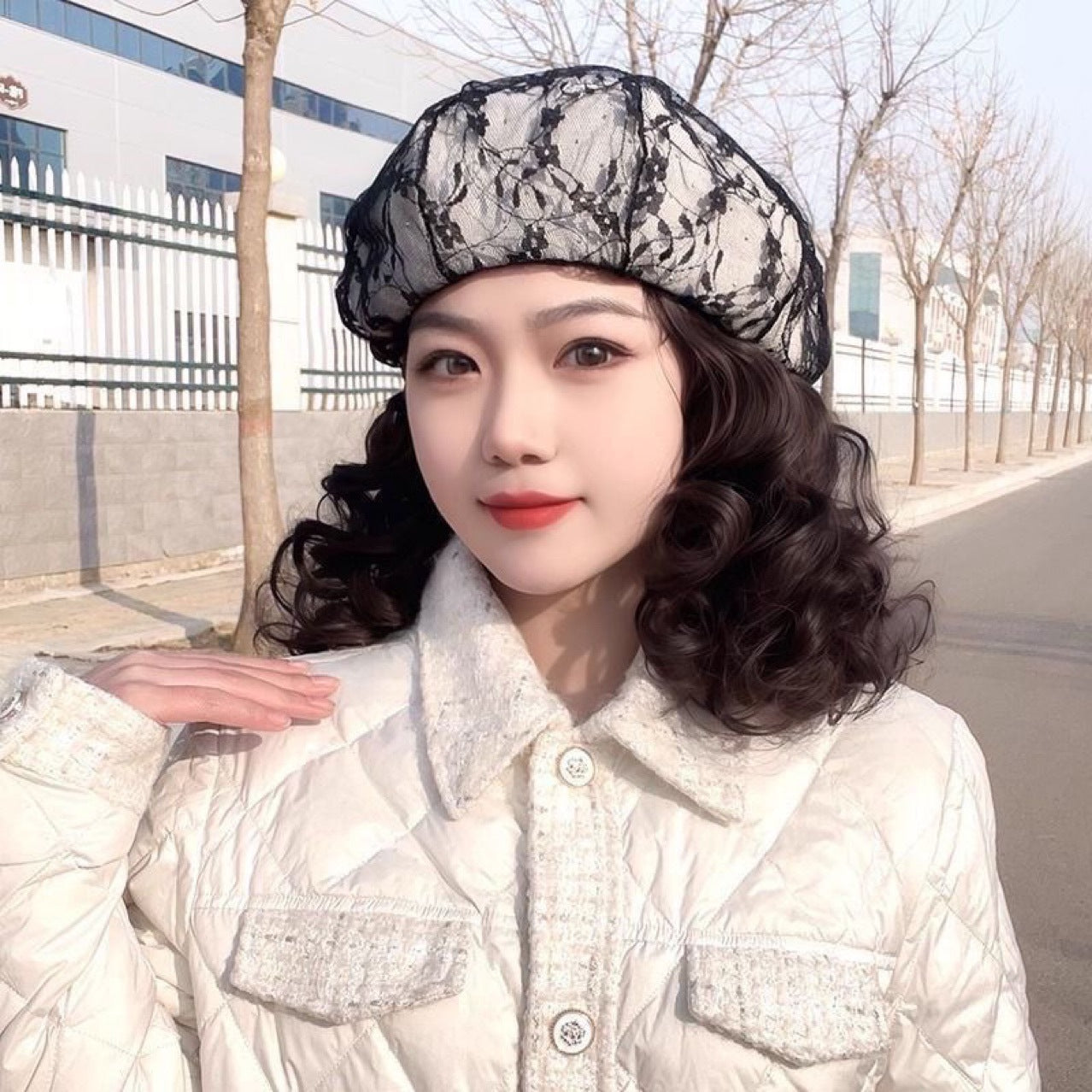 Hat One-piece Lace Beret Western Style Fashion Headgear Wig Short Curly Hair