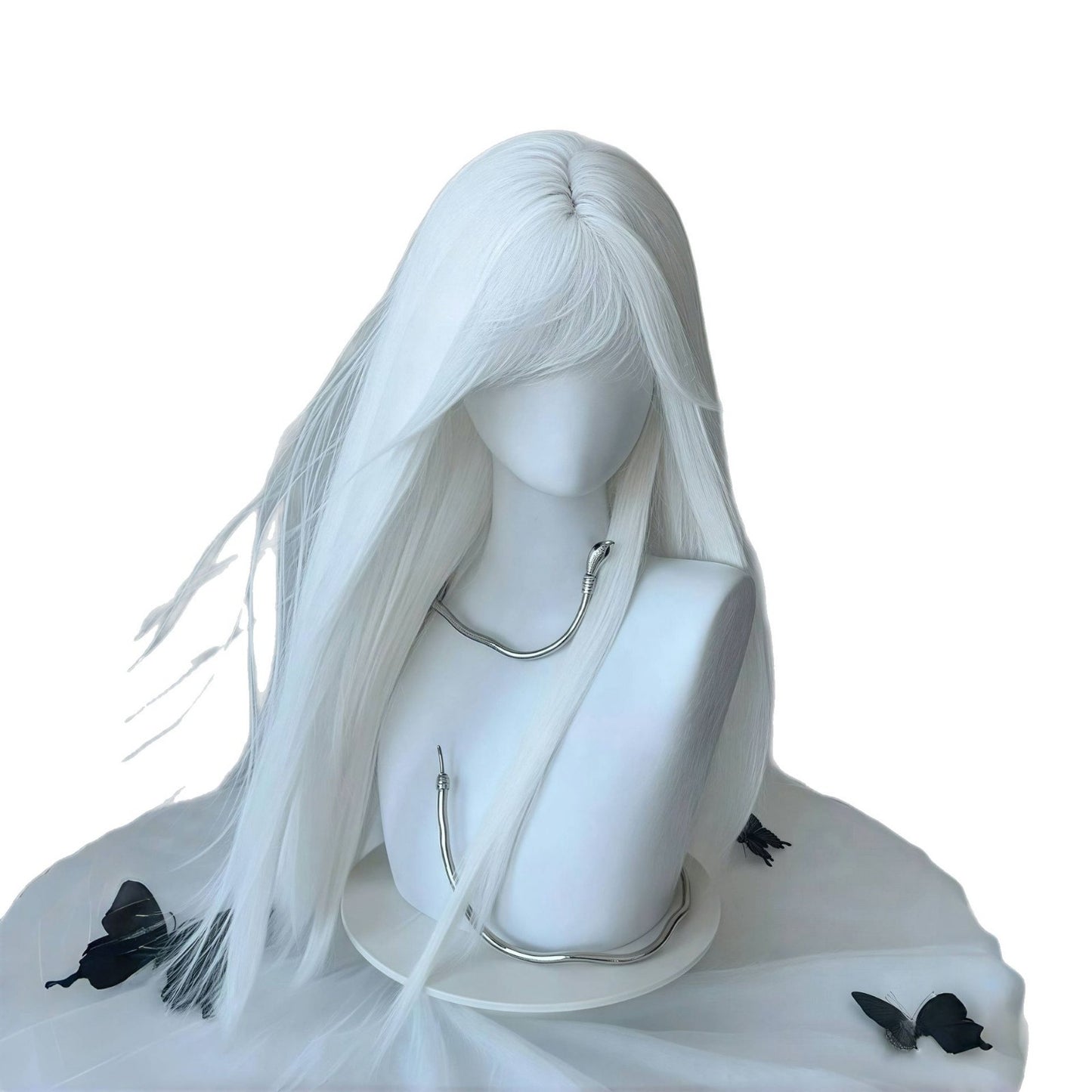 Women's Pure White Bangs Hair Fashion Natural Gothic Style Long Straight Wig