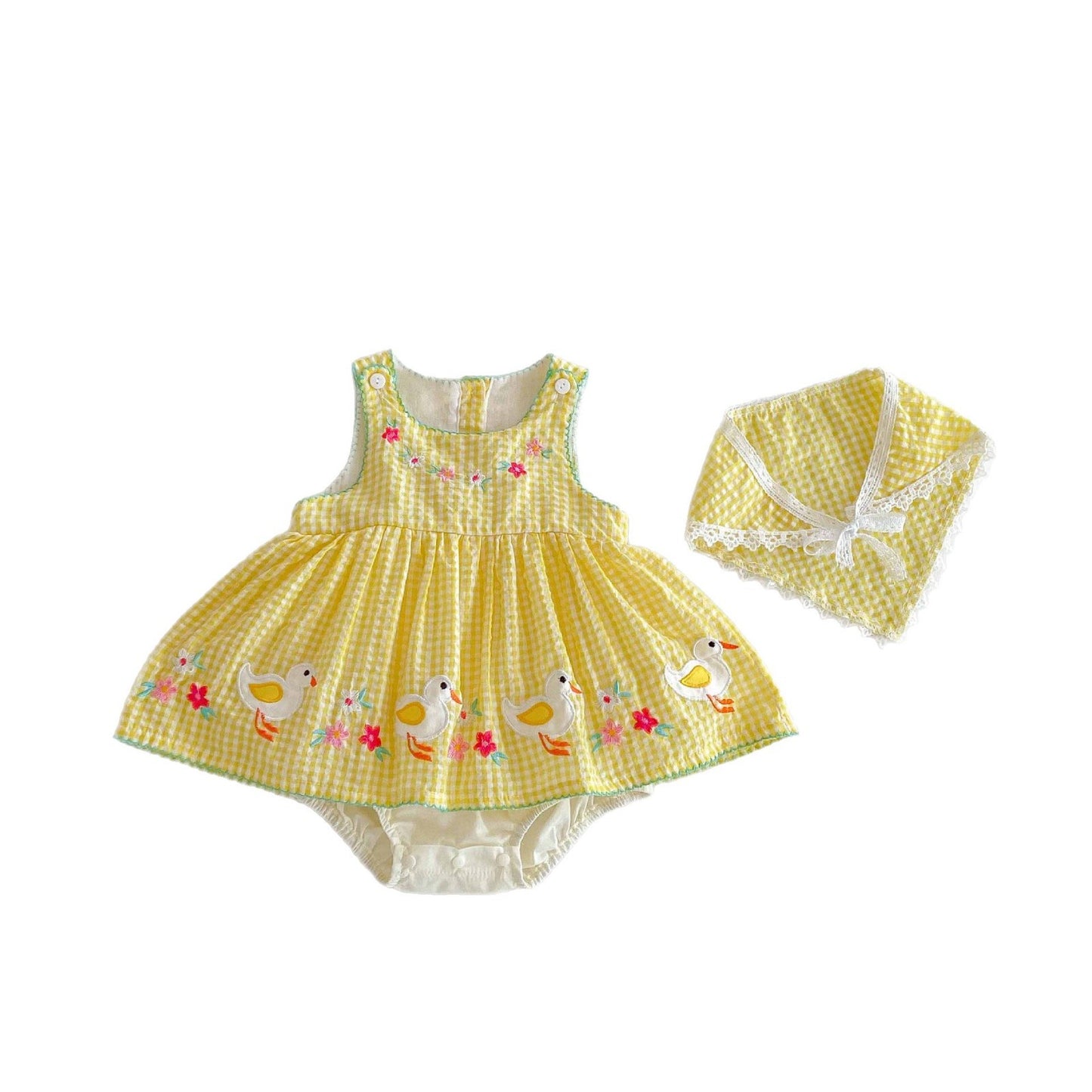 Clothes Summer Dress Cute Duck Yellow Plaid Romper Group Sleeveless Jumpsuit, Climbing Suit