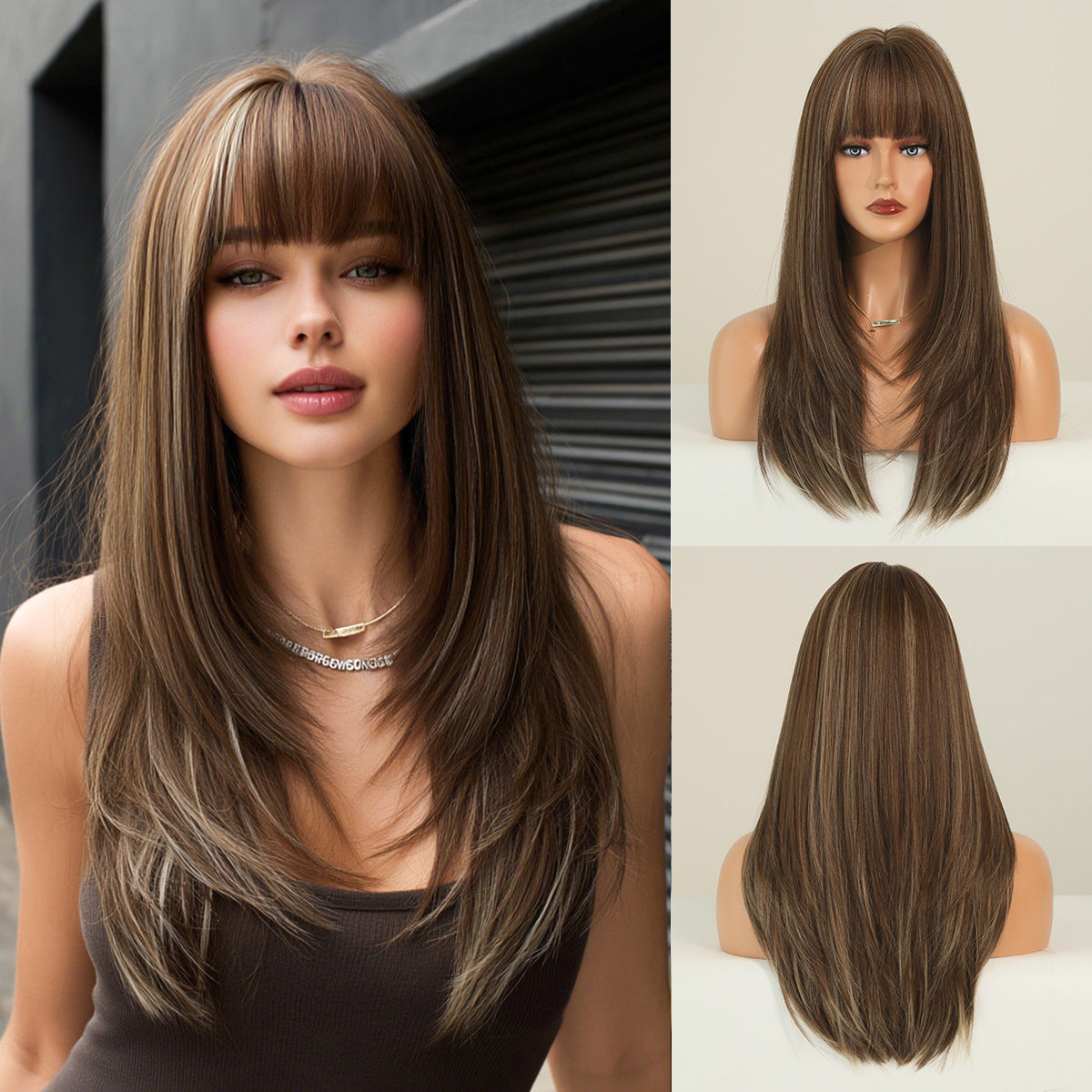 High Level Female Air Bangs Hair Brown Daily Fluffy Quality Long Straight Wig