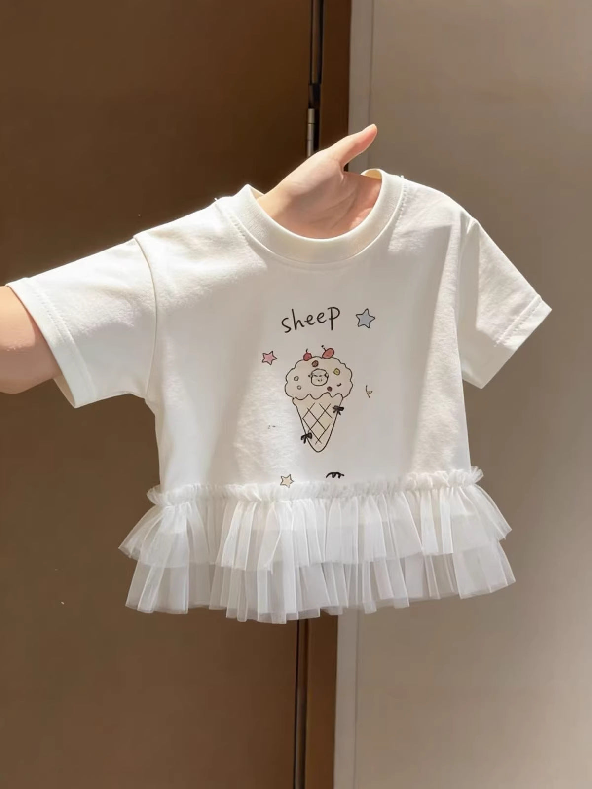 Children's Summer Cute Ice Cream Pattern Lace Edge Children's T-shirt