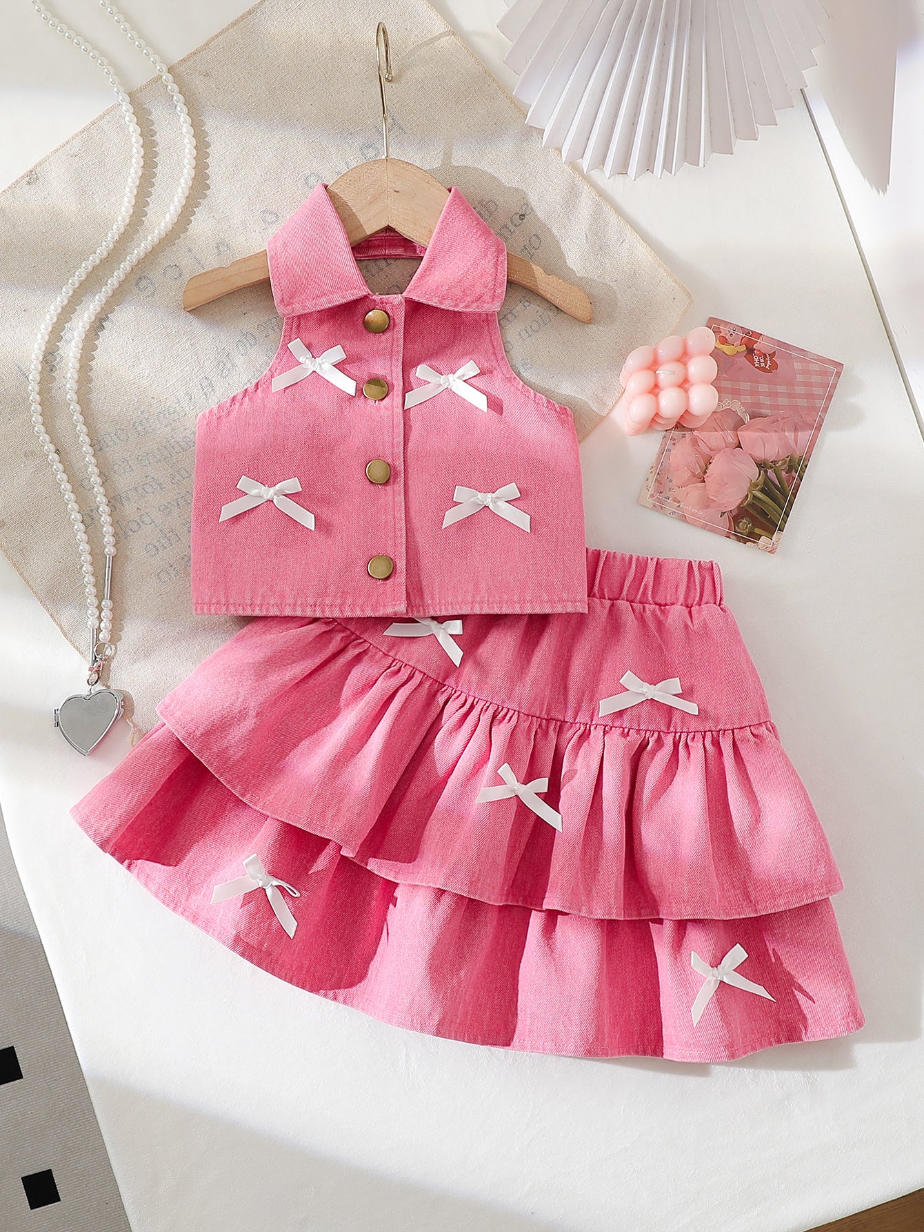 Fashionable Halter Lapel Denim Vest Skirt Children's Suit