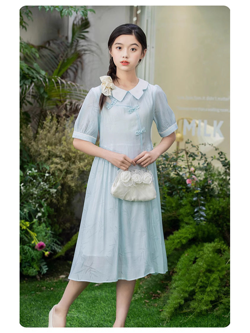 Short-sleeved Summer Cheongsam Blue Chinese Style Traditional Children's Dress