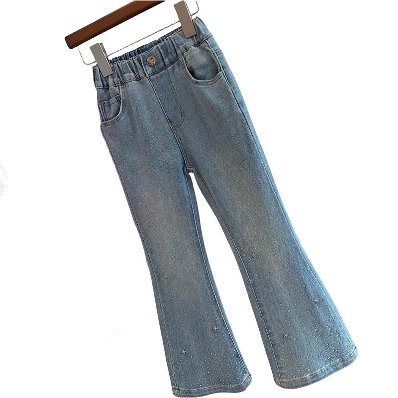 Children's Trousers Rhinestone Denim Fleece-lined Thickened Slim Fit Children's Pants