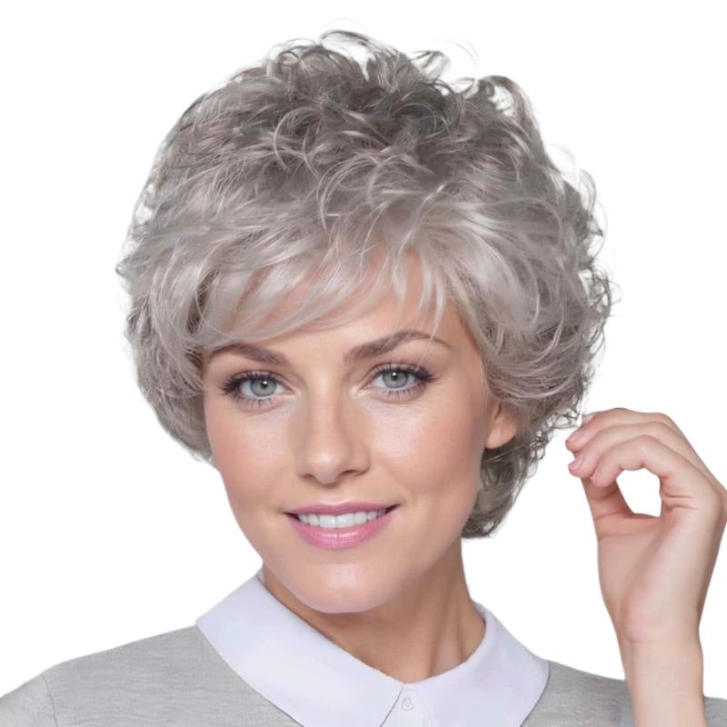 Women's Head Fluffy Side Bangs Gray White Fiber Piece Wig Short Curly Hair