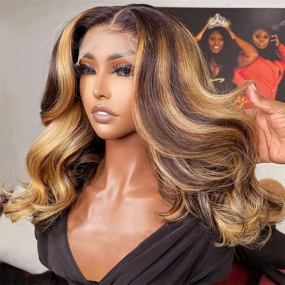 Short Hair Gradient Lace Forehead High Gloss Brown Mixed Golden Other Wig