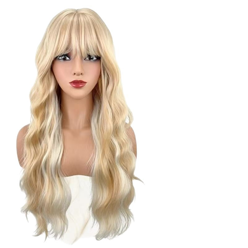 Women's White Gold Color Gradient Curly Hair Air Bangs Chemical Wig Long Curls