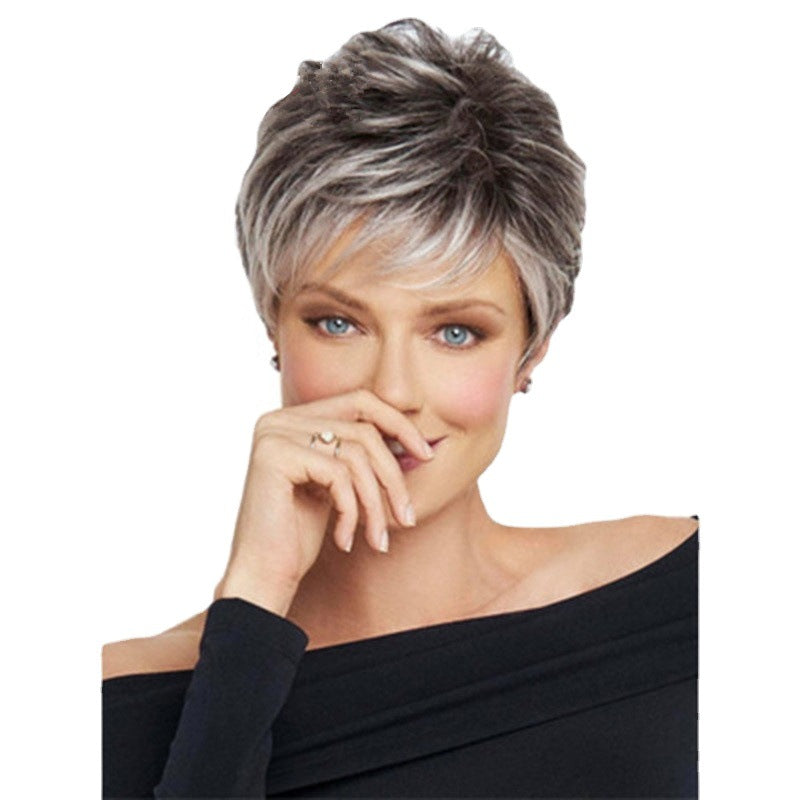 Women's Fashion Gradient Sier Gray Side Bangs Wig Short Curly Hair