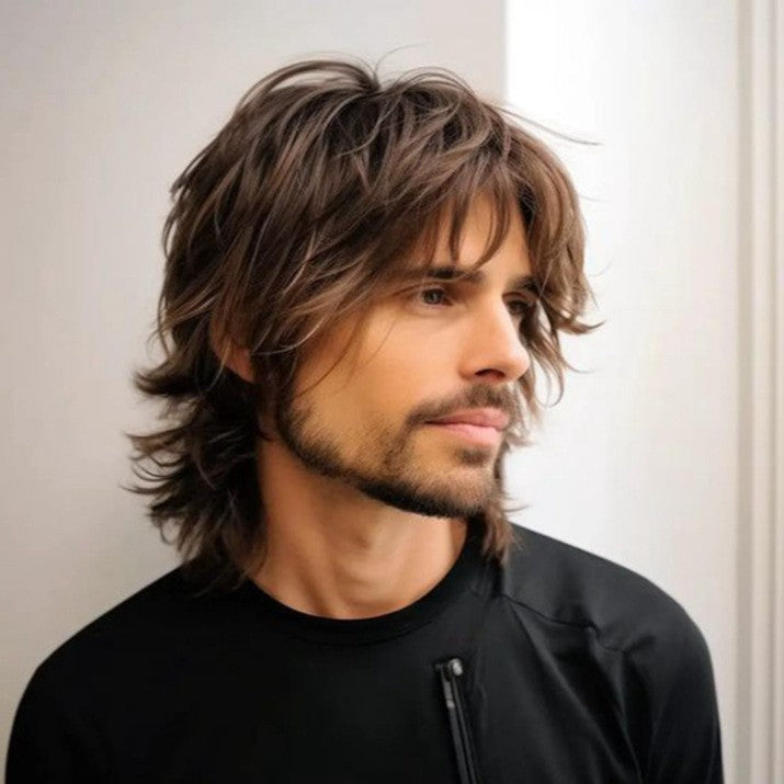 Men's Brown Fashion Medium Long Hair Synthetic Men's Wig