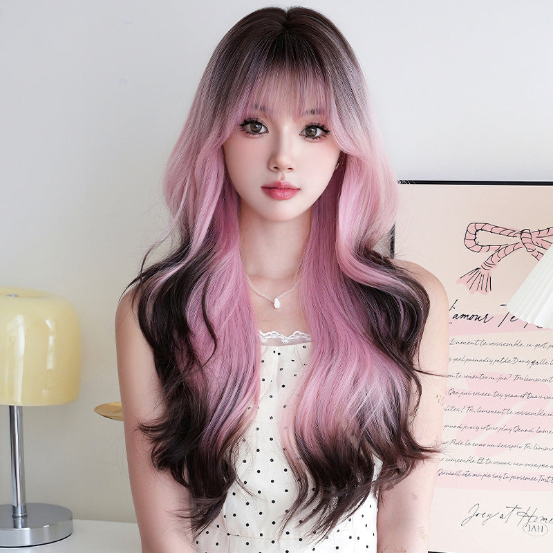 Women's Coffee Pink Gradient Headgear Chemical Fiber Wig Long Curls